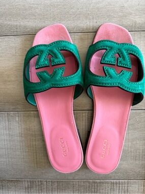 Gucci Green Suede Slide Sandals with Pink Footbed